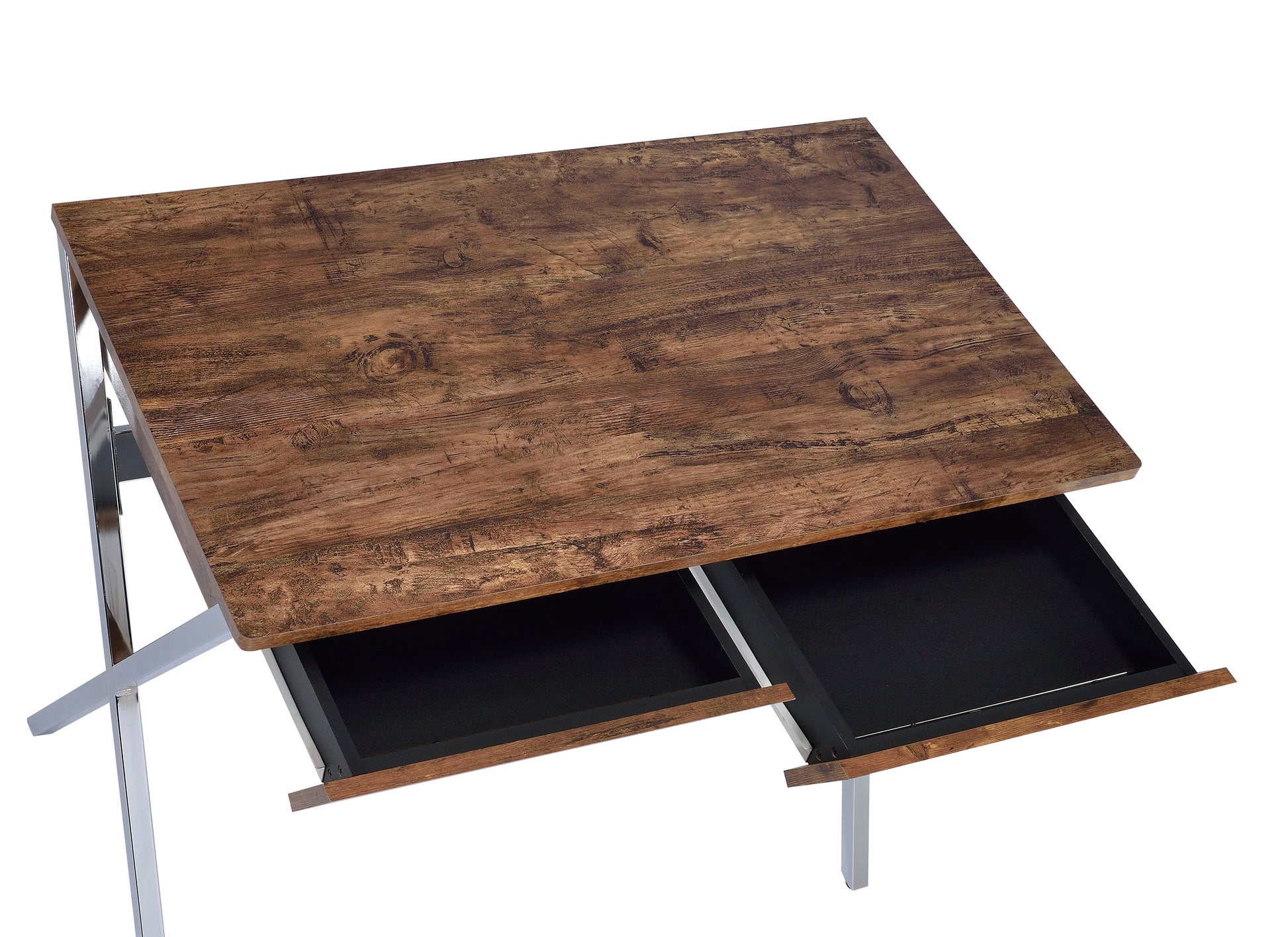 The Callers Weathered Writing Desk in Chrome/Oak features a rustic finish, a tilting top, two open pull-out drawers, and a sturdy metal frame.