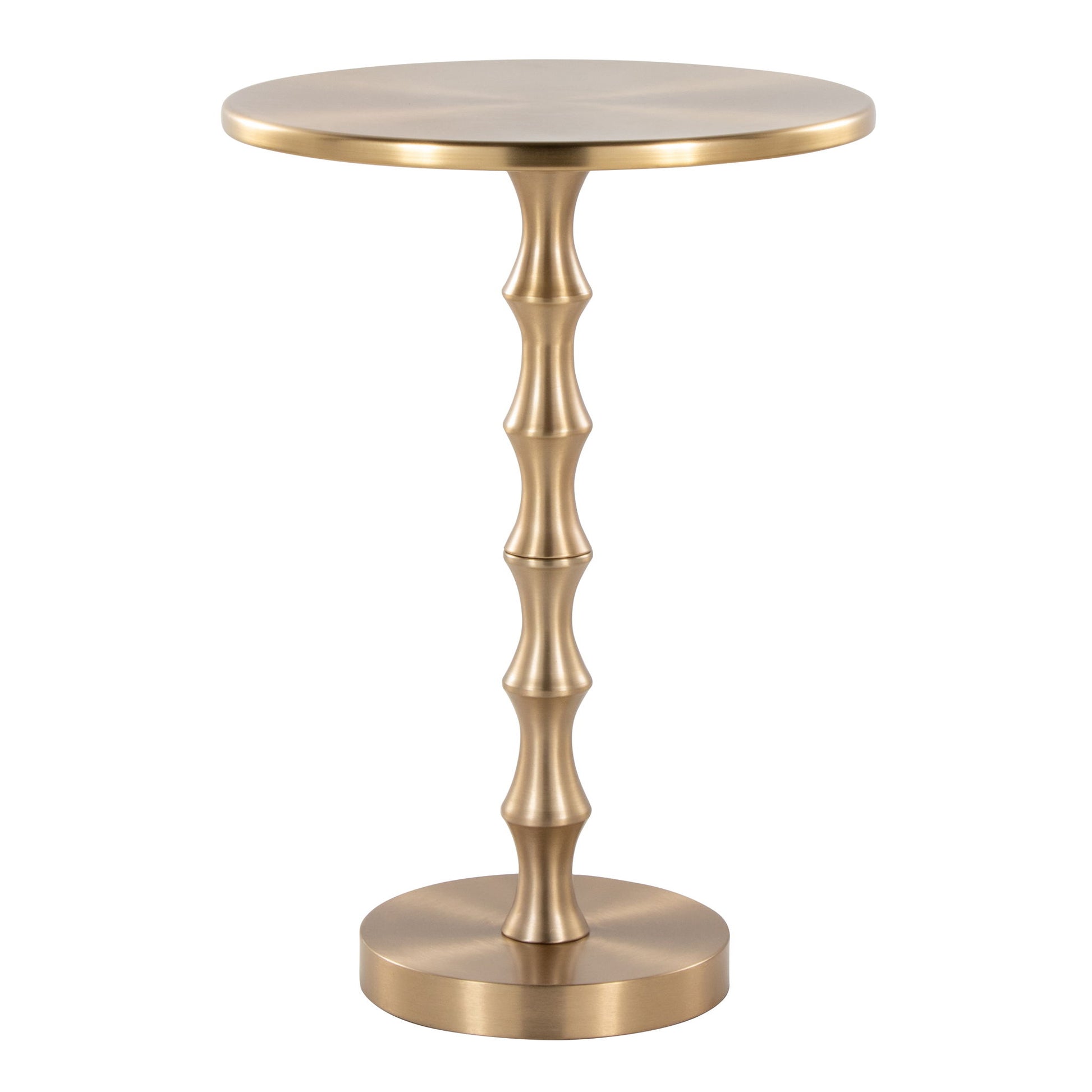 The Bora - Contemporary Table is a small, round side table with a metallic gold finish, featuring a smooth top, spindle-shaped central stem, and circular base.
