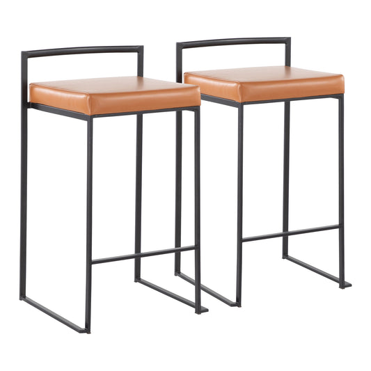 The Fuji Contemporary Style Stackable Counter Stool features a modern minimalist design with a low rectangular backrest, tan cushioned seat, and black metal frame.