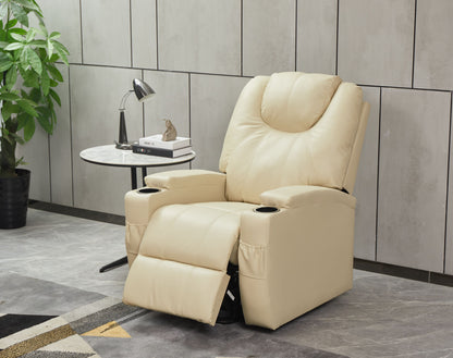 A Modern Recliner Chair With Cup Holders and Remote Control sits next to a round side table with a lamp, décor, and book. A potted plant and sleek gray wall panels are in the background.