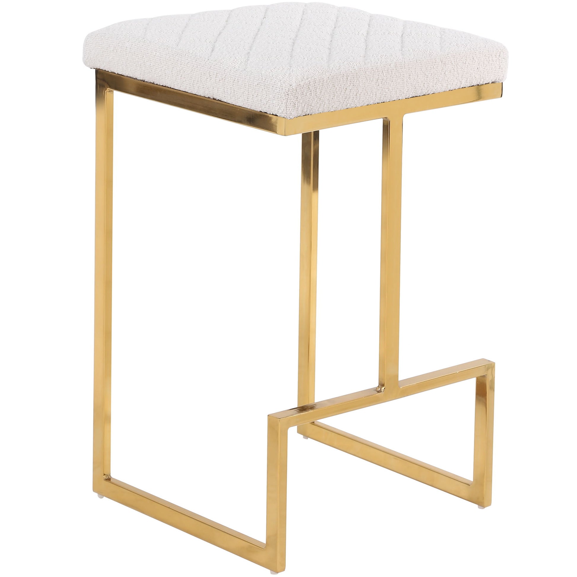 The Joel - Mid Century Modern Luxury Upholstered Stool features a gold metal frame with clean, geometric lines, a footrest, and a cushioned textured white seat for a stylish and comfortable addition to any modern bar or kitchen.