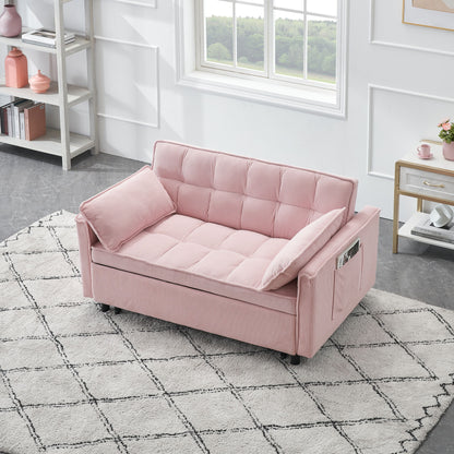 A modern room with a pink Folding Sofa Bed With Adjustable Back Access To Sofa Recliner Single Bed, featuring side pockets, on a white patterned rug. The space includes a window, white walls with molding, bookshelf, and decor on the side table.
