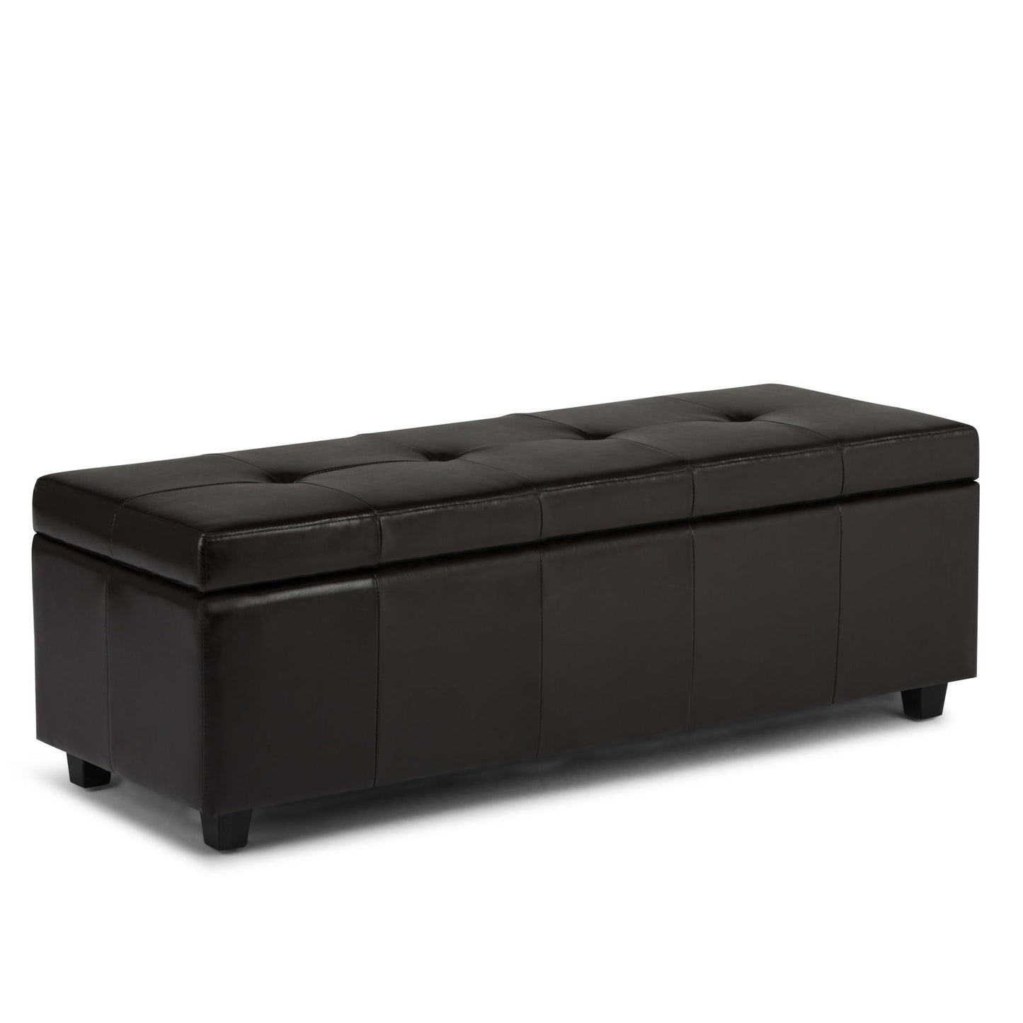 The Castleford - Contemporary Storage Ottoman is a rectangular black leather bench with a tufted top and short legs, offering both seating and storage.