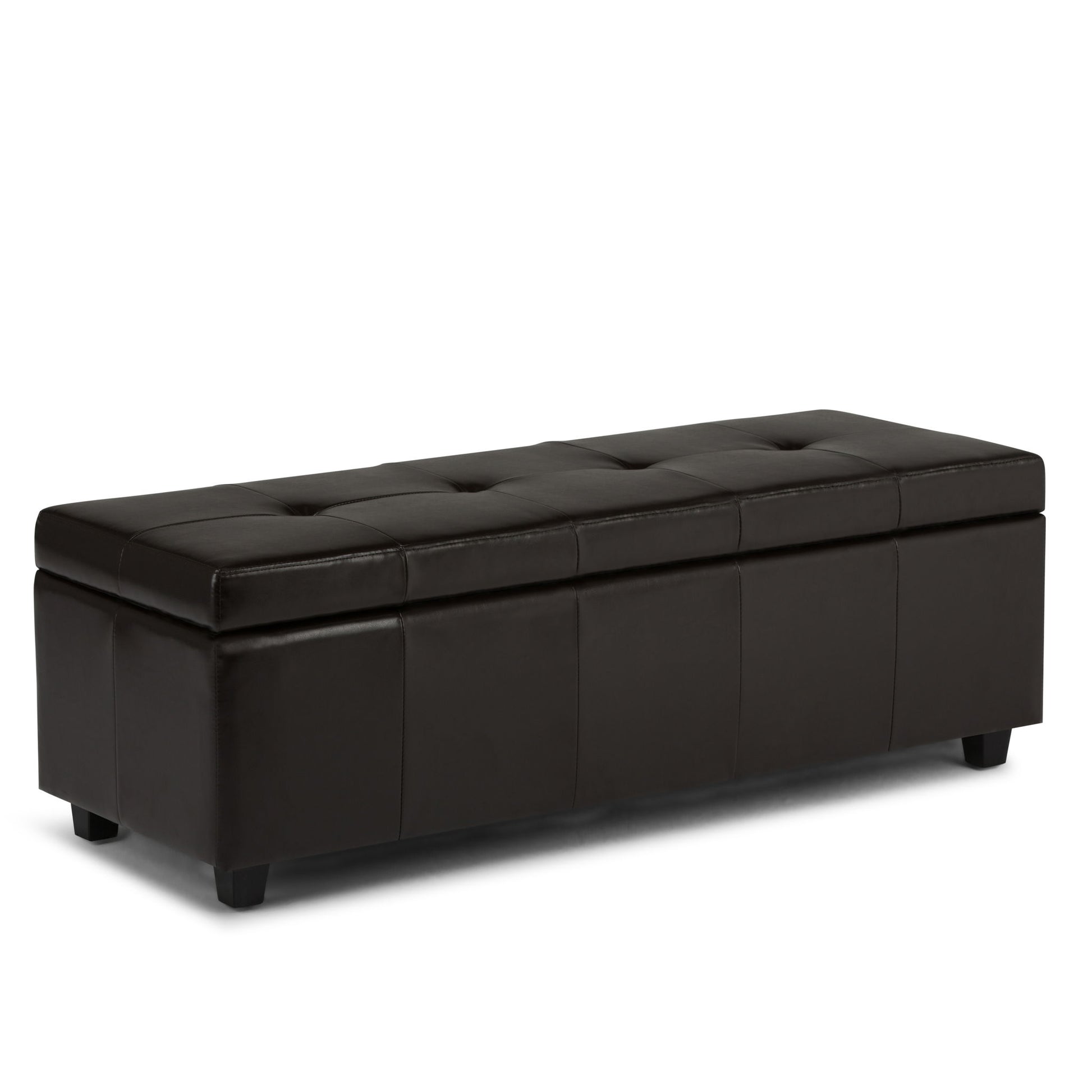 The Castleford - Contemporary Storage Ottoman is a rectangular black leather bench with a tufted top and short legs, offering both seating and storage.