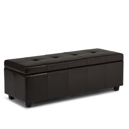 The Castleford - Contemporary Storage Ottoman is a rectangular black leather bench with a tufted top and short legs, offering both seating and storage.