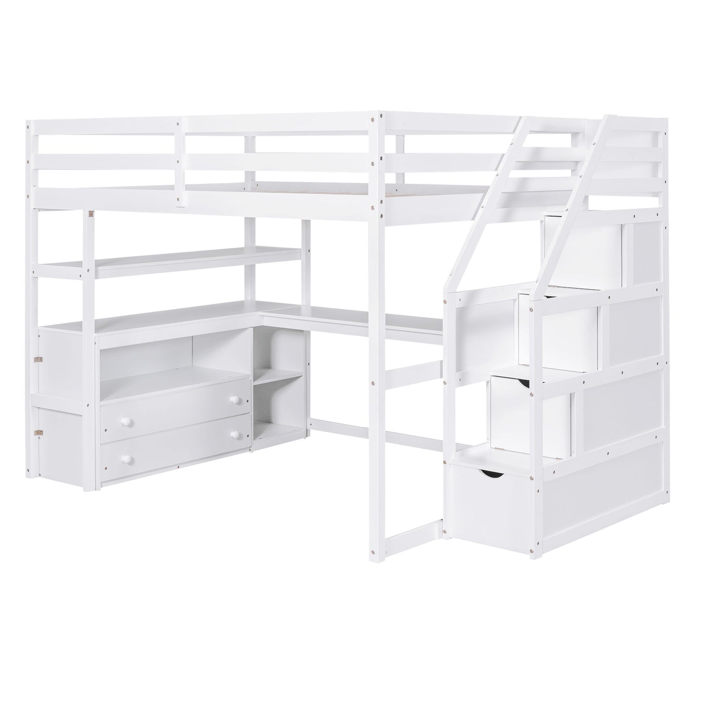 Loft Bed With Desk, Shelves, 2 Drawers, Storage Staircase