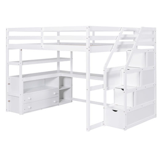 Loft Bed With Desk, Shelves, 2 Drawers, Storage Staircase