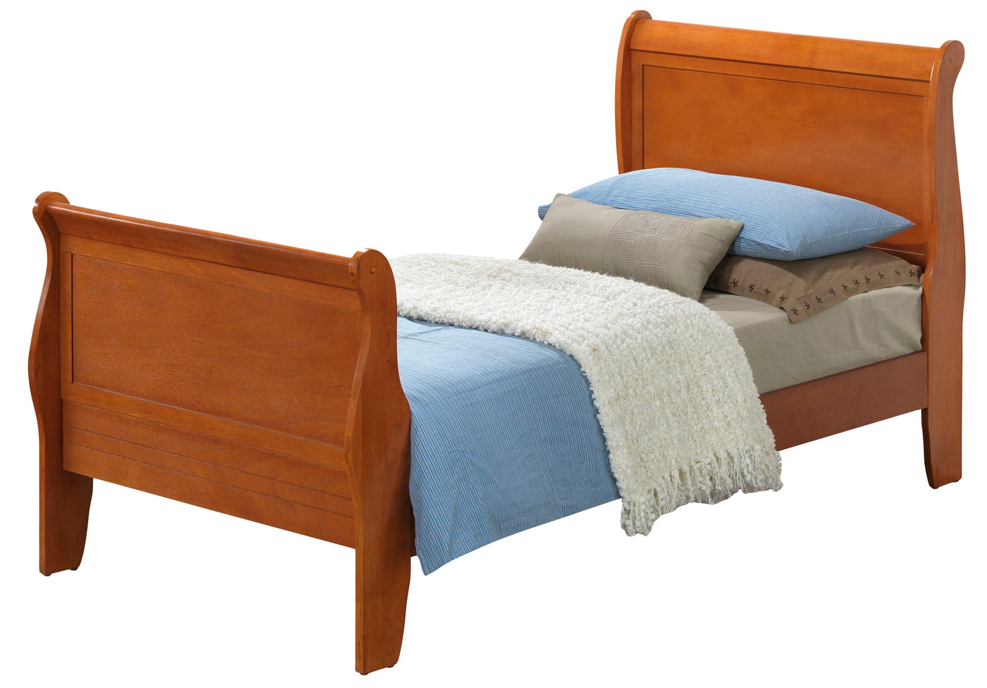The Panel Sleigh Bed features a brown wooden headboard and footboard, dressed with blue and beige bedding, gray pillows, and a white textured blanket.