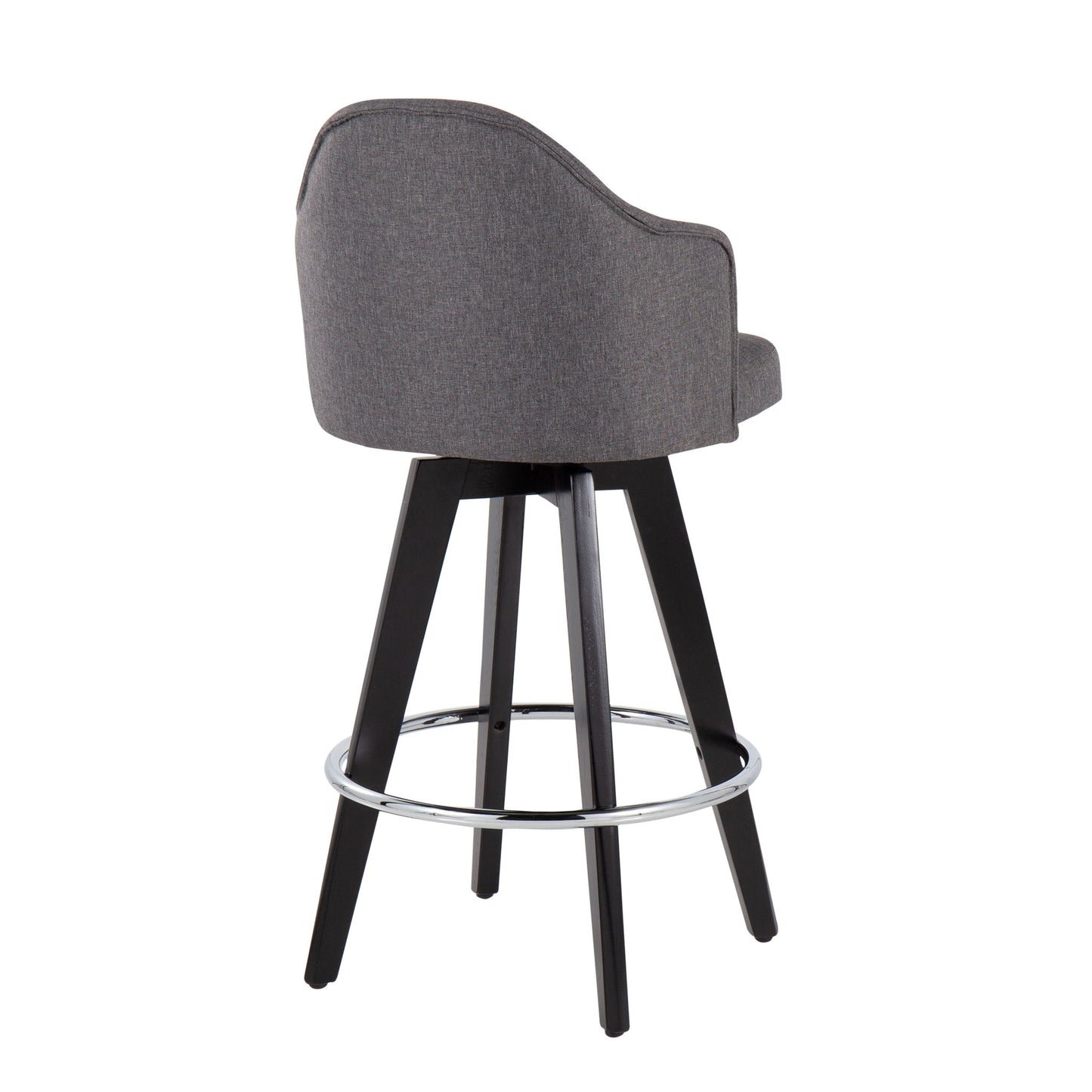 The Ahoy Contemporary Fixed Height Counter Stool (Set of 2) features a modern gray upholstered seat, curved backrest, black wooden legs, and a round chrome footrest, shown from the rear view.