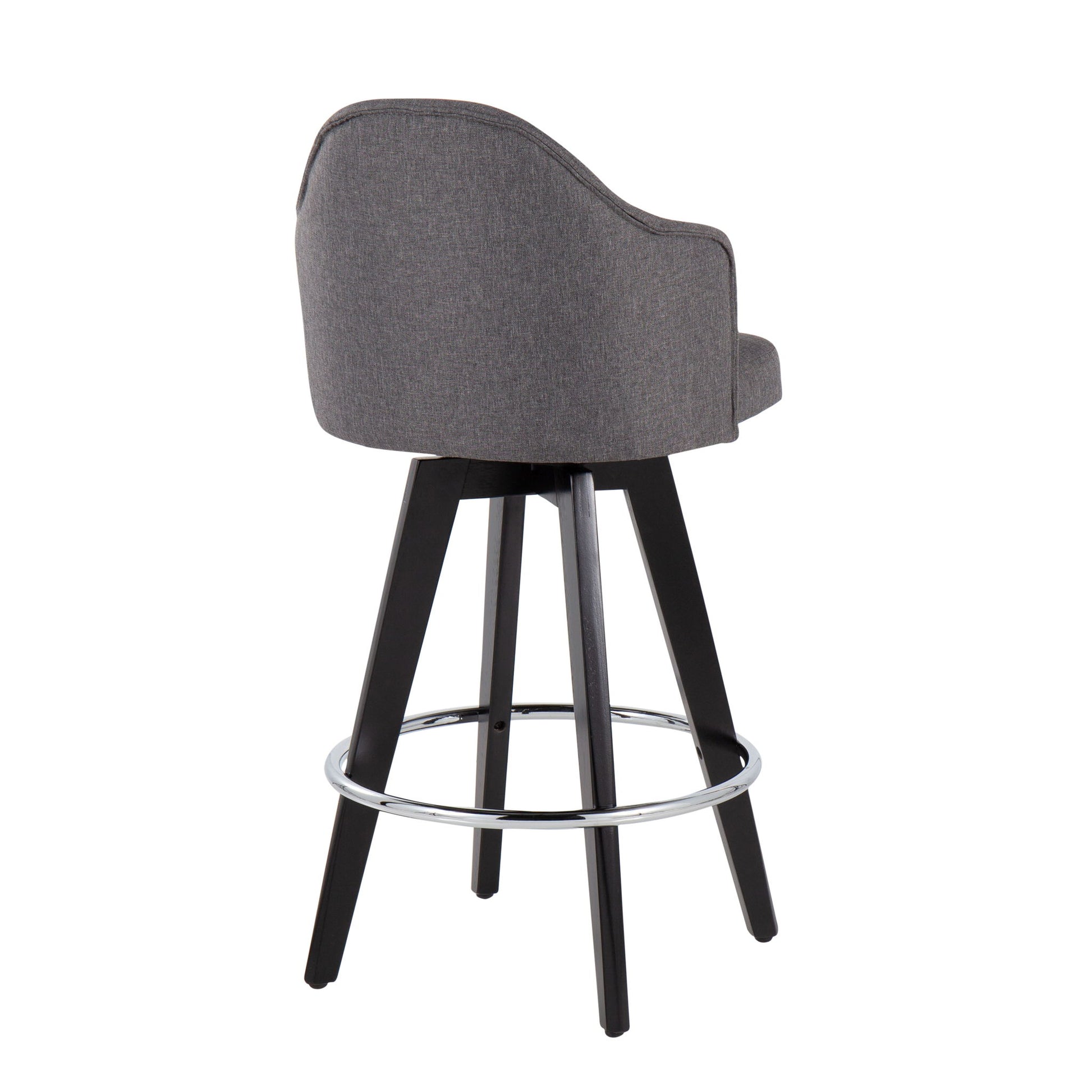 The Ahoy Contemporary Fixed Height Counter Stool (Set of 2) features a modern gray upholstered seat, curved backrest, black wooden legs, and a round chrome footrest, shown from the rear view.