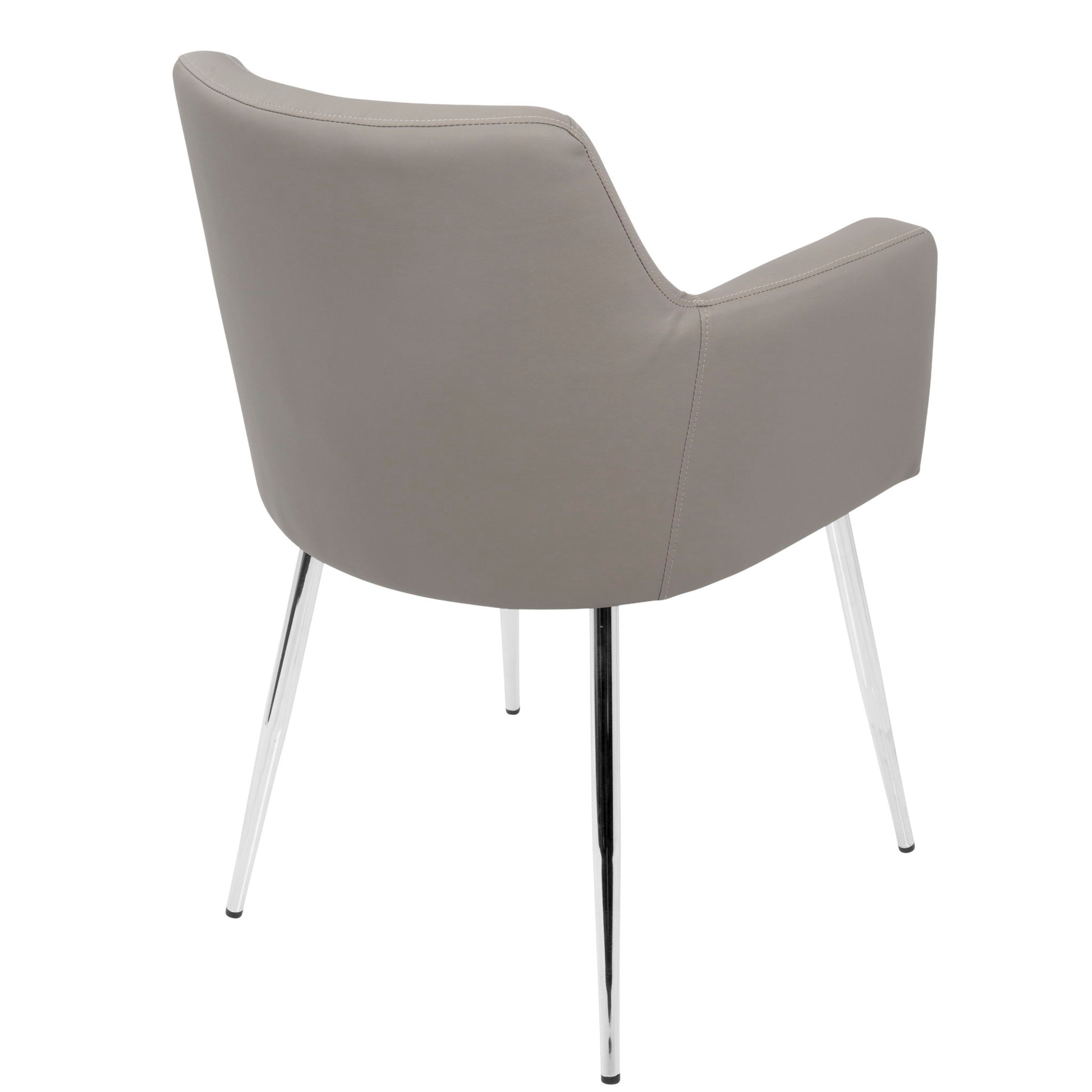 The Andrew Contemporary Dining Chair (Set of 2) features a curved backrest, taupe upholstery, and four slim, shiny metal legs, shown from the back.