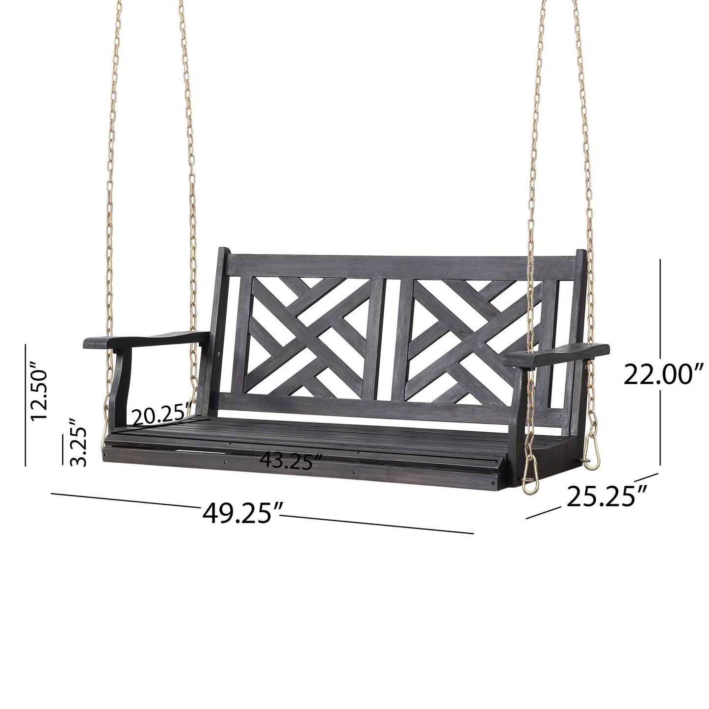 Alejandro Acacia Wood Porch Swing features slat panel seating, armrests, and metal hanging chains. Dimensions: 49.25”W x 25.25”D x 22”H; seat width: 43.25”, seat height: 3.25”, armrest height: 12.5”.