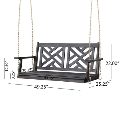 Alejandro Acacia Wood Porch Swing features slat panel seating, armrests, and metal hanging chains. Dimensions: 49.25”W x 25.25”D x 22”H; seat width: 43.25”, seat height: 3.25”, armrest height: 12.5”.