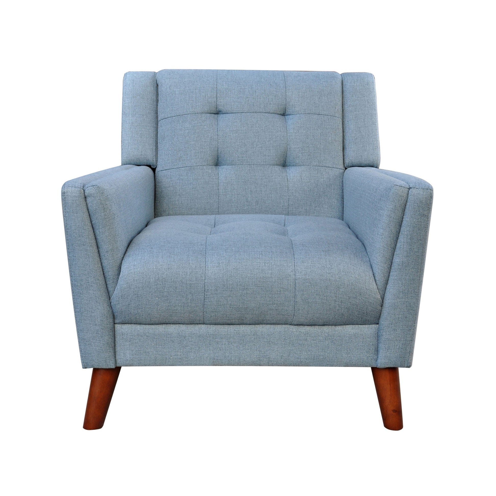 The Luminaesque Fabric Upholstered Armchair features a tufted back, light blue upholstery, and wooden legs, shown from the front against a white background.