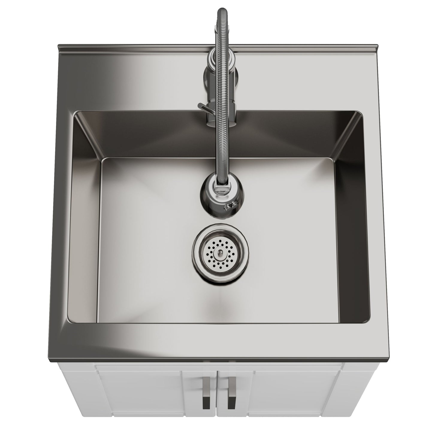 Top view of the Hennessy - Deluxe Laundry Cabinet with faucet and stainless steel sink, set into a countertop with cabinet doors beneath.