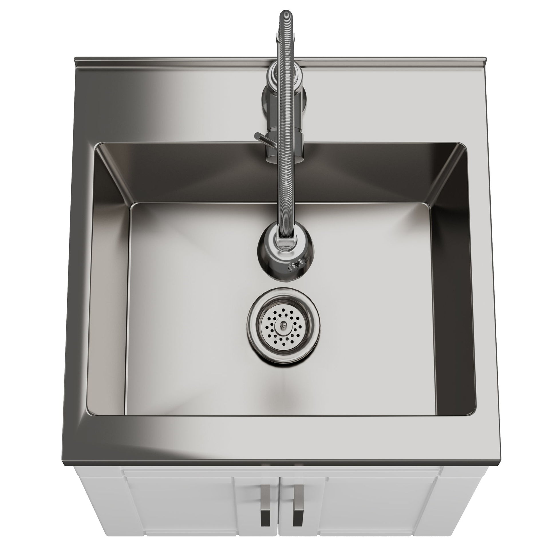 Top view of the Hennessy - Deluxe Laundry Cabinet with faucet and stainless steel sink, set into a countertop with cabinet doors beneath.