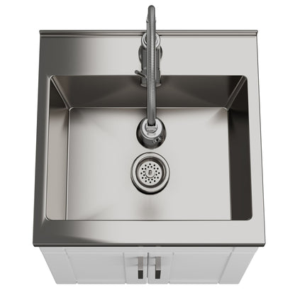 Top view of the Hennessy - Deluxe Laundry Cabinet with faucet and stainless steel sink, set into a countertop with cabinet doors beneath.