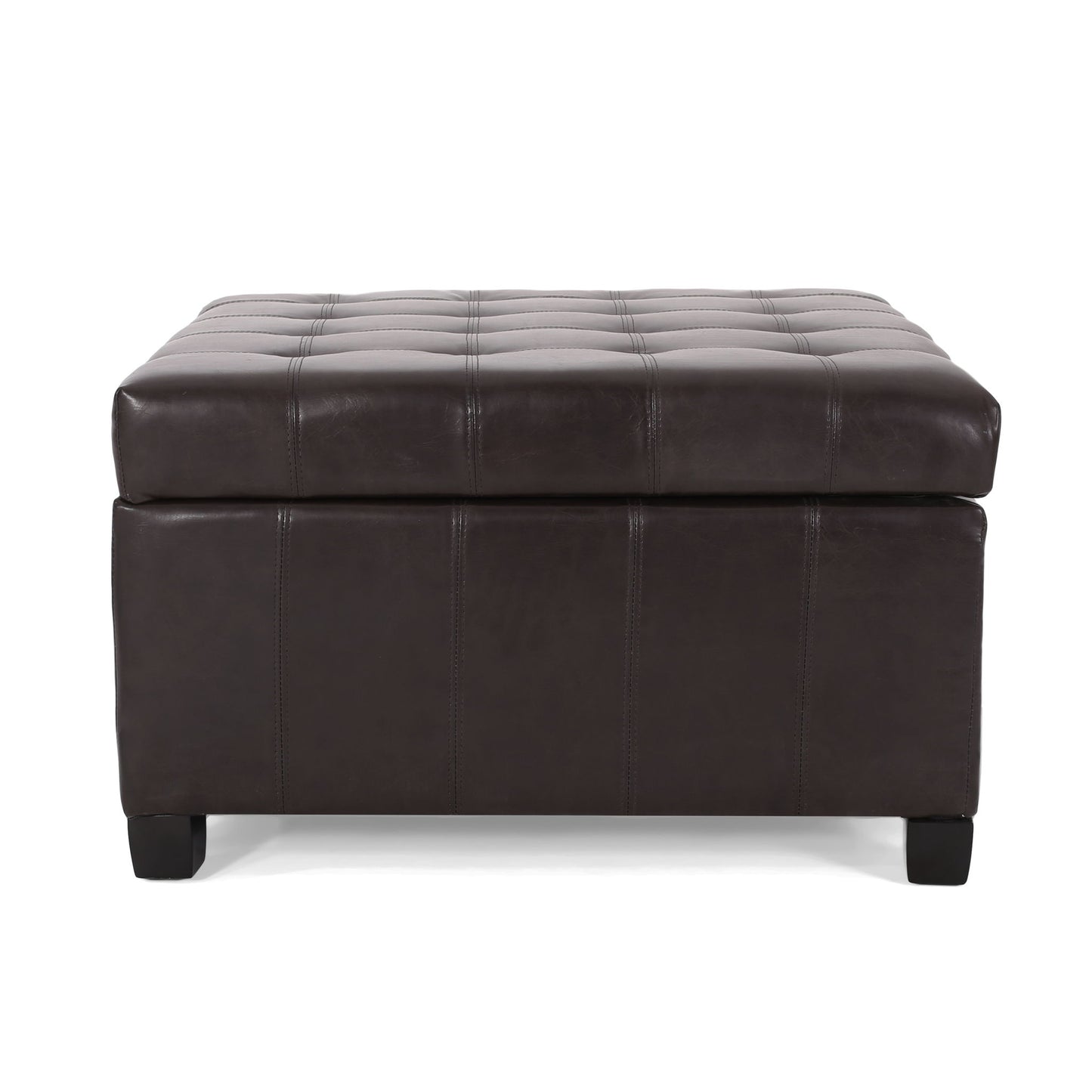 The Isabella Contemporary Ottoman With Storage features a dark brown rectangular leather design, tufted top stitching, short black legs, and a thick cushioned lid.