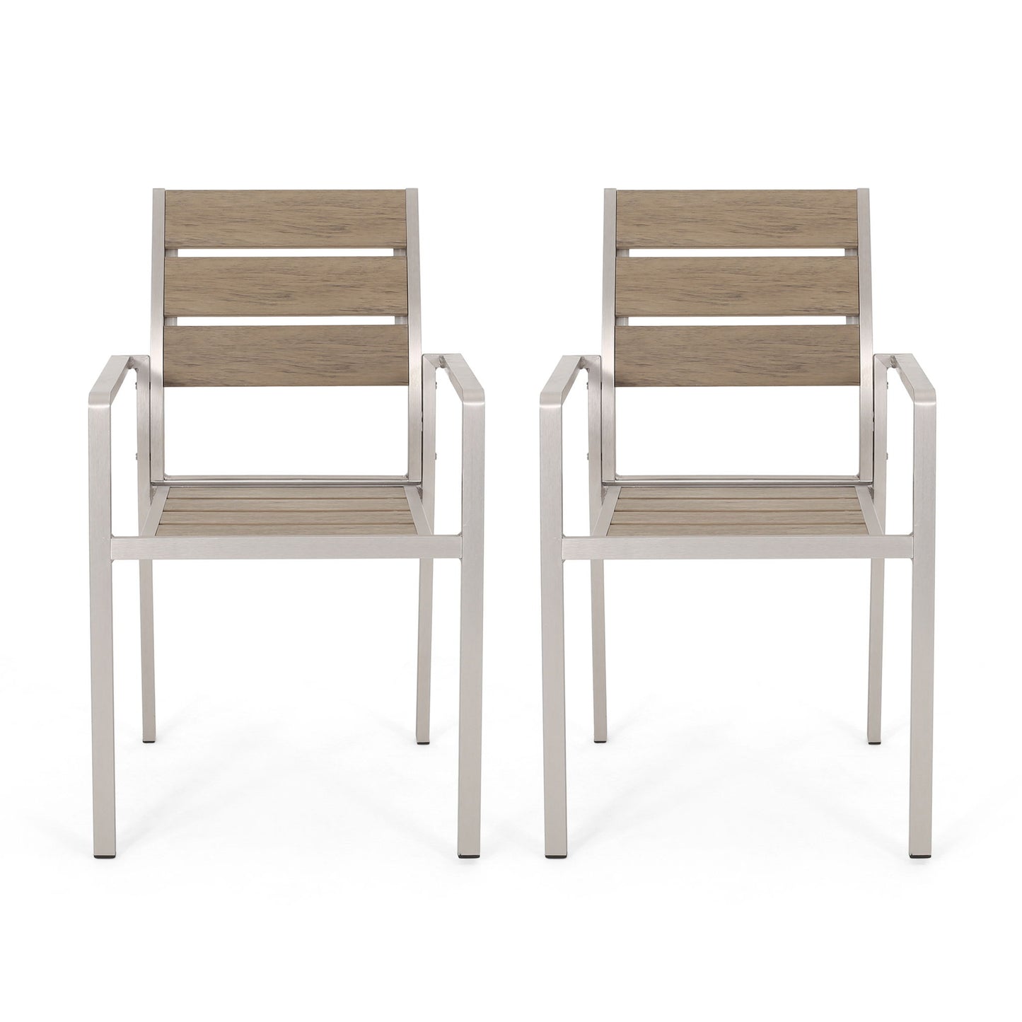 Two Dreamlan Outdoor Aluminum Dining Chairs, featuring light wood slat seats and backs with silver metal frames, are placed side by side against a plain white background.