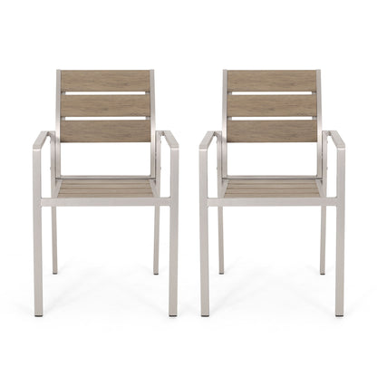 Two Dreamlan Outdoor Aluminum Dining Chairs, featuring light wood slat seats and backs with silver metal frames, are placed side by side against a plain white background.
