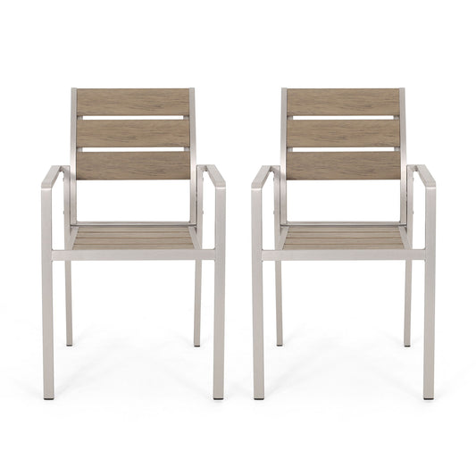 Two Dreamlan Outdoor Aluminum Dining Chairs, featuring light wood slat seats and backs with silver metal frames, are placed side by side against a plain white background.