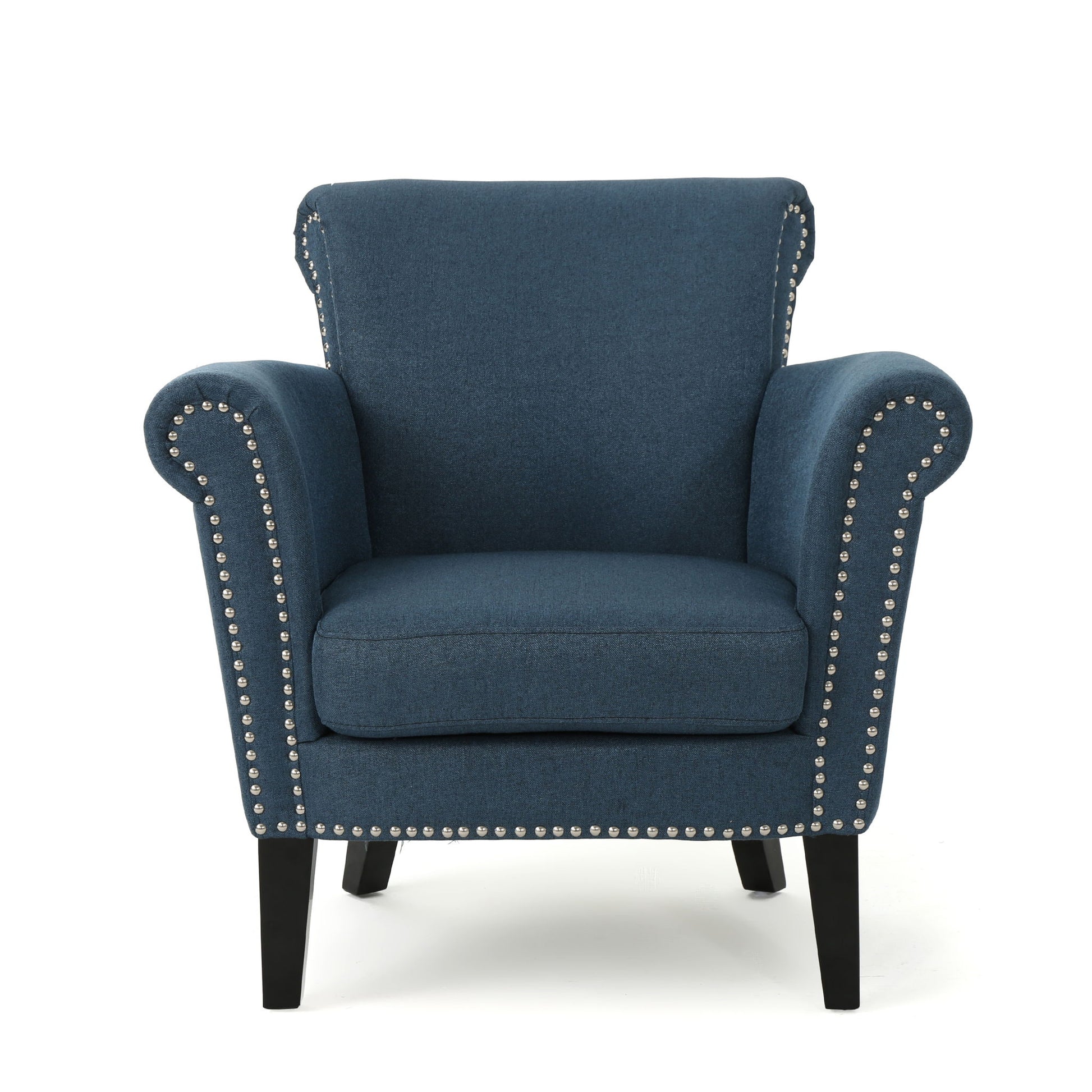 The Elegant Club Chair features blue upholstery, silver nailhead trim, rolled arms, and dark birch wood legs, shown against a white background.