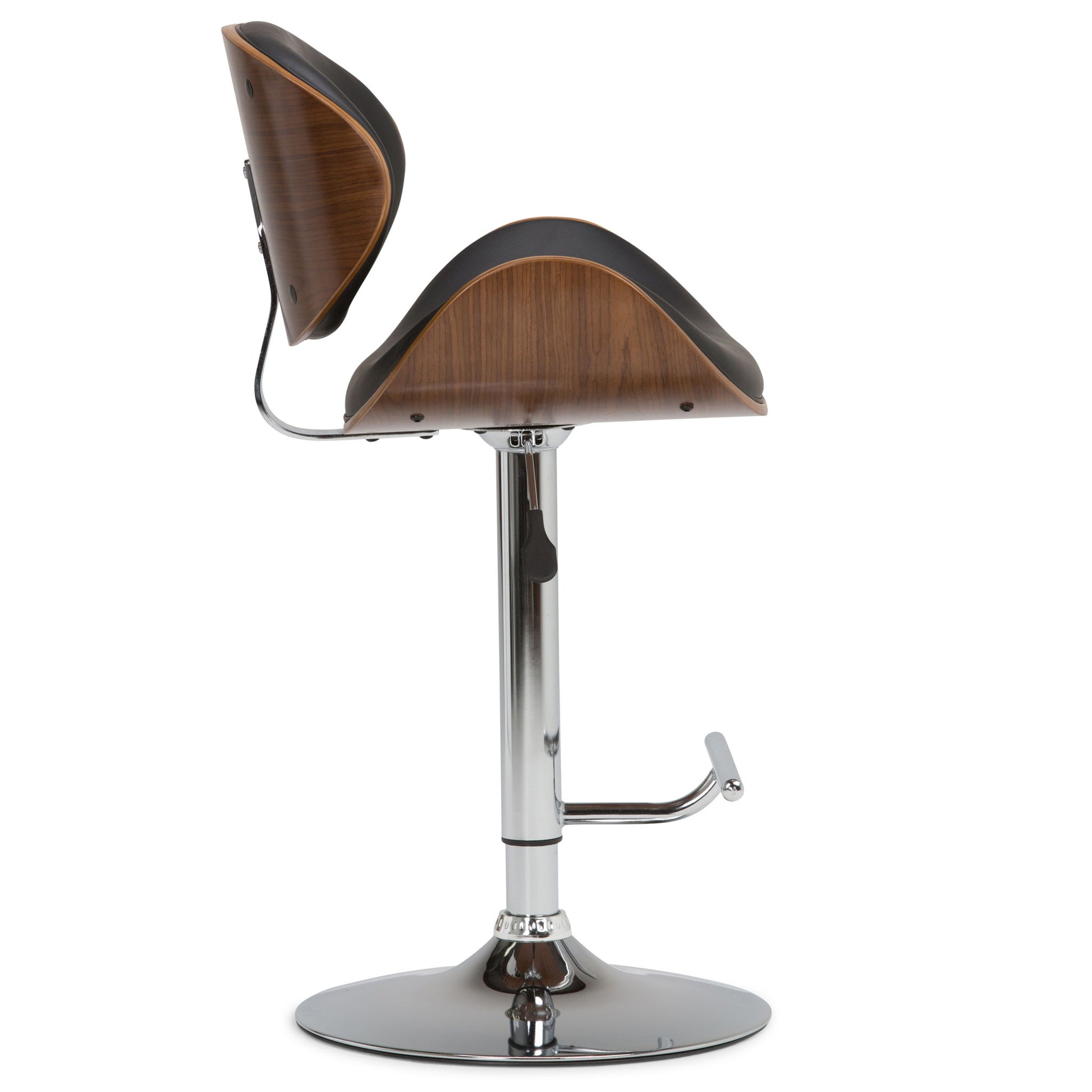 The Marana Multifunctional Handcrafted Bentwood Adjustable Swivel Bar Stool features a curved wood seat and back, black cushion, and a shiny chrome pedestal base with footrest, shown from the side.