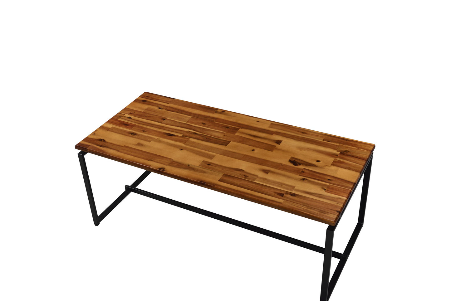 The Jurgen 3 Pieces Pack Coffee & End Set features rectangular oak tables with smooth, polished surfaces and black metal frames, displayed against a plain white background.