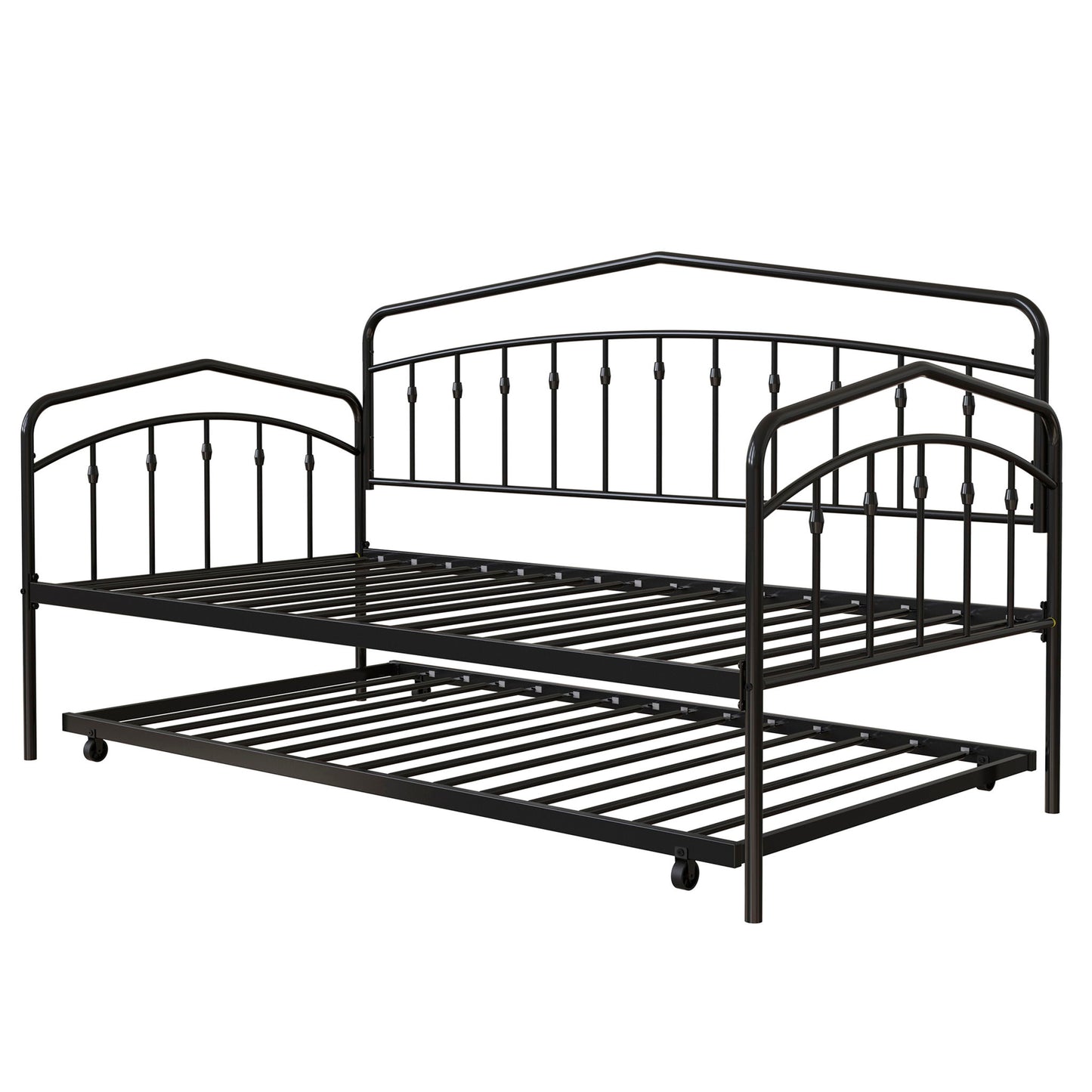 The Fox Daybed With Twin Trundle features a black metal frame with decorative vertical bars, arched accents, slatted bases, and a pull-out trundle on wheels. Both frames are empty and ready for twin-size mattresses.