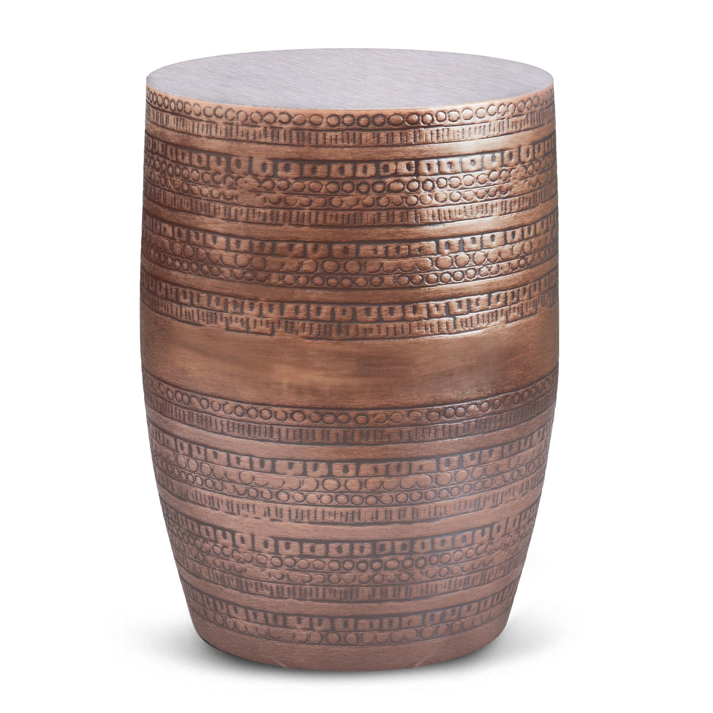 The Johnsen - Handcrafted Large Metal Accent Table is a cylindrical metal stool or side table with a bronze finish, engraved horizontal geometric and dotted bands for added style.