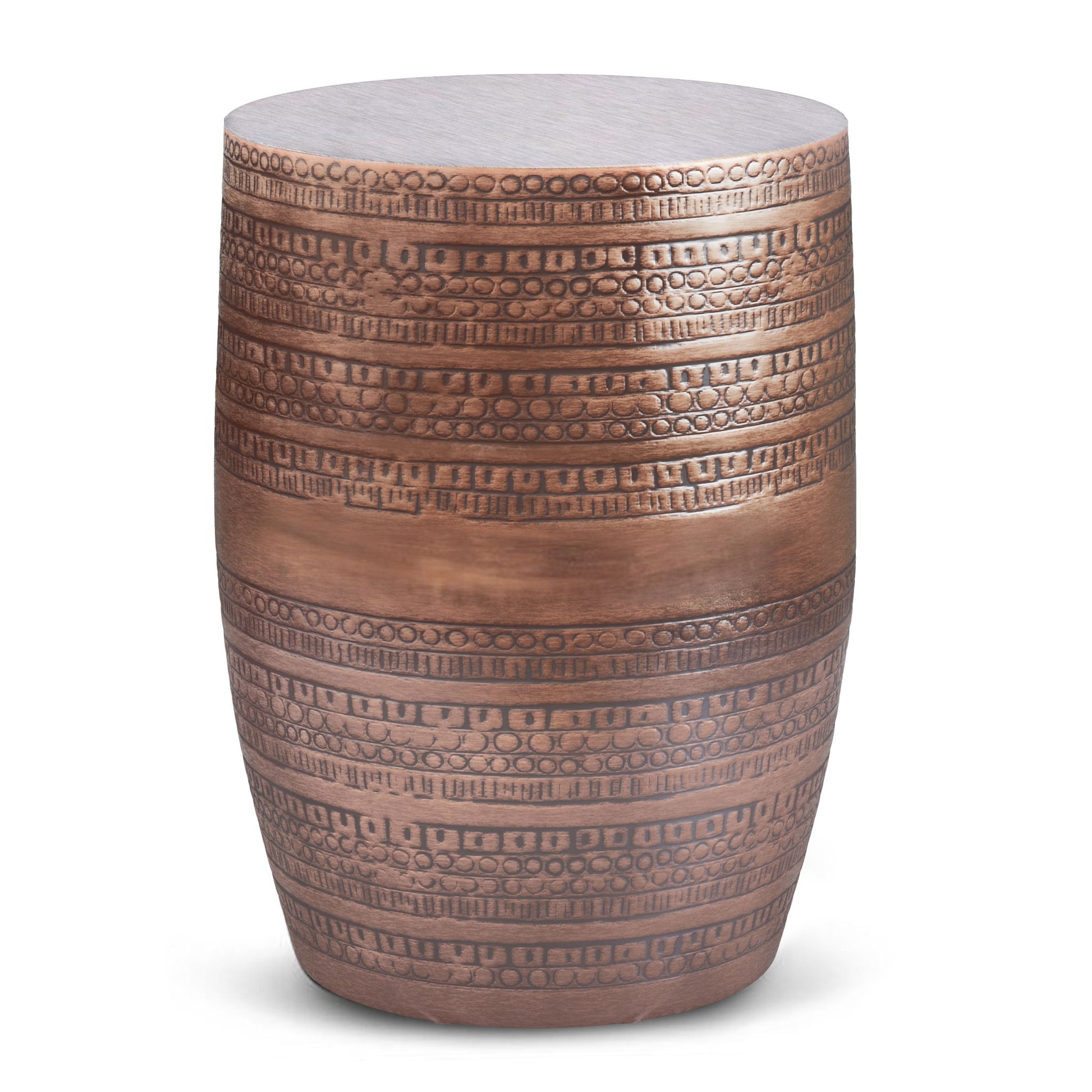 The Johnsen - Handcrafted Large Metal Accent Table is a cylindrical metal stool or side table with a bronze finish, engraved horizontal geometric and dotted bands for added style.