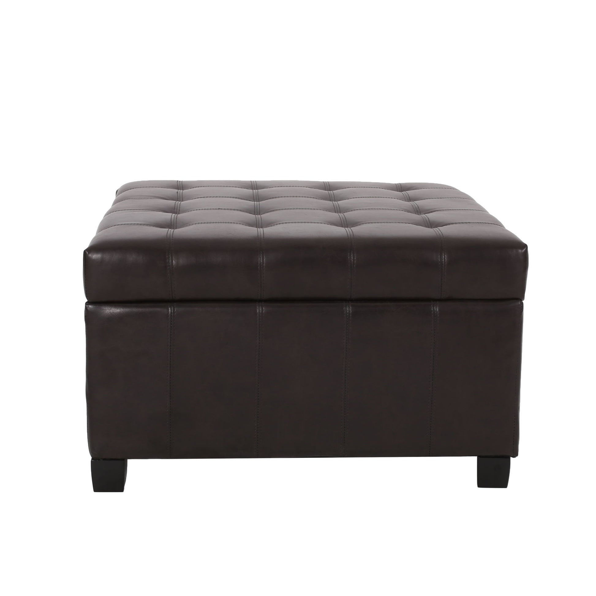 Isabella - Contemporary Ottoman With Storage, shown from the front against a plain white background, features a square dark brown leather design with a tufted cushioned top and short black legs.