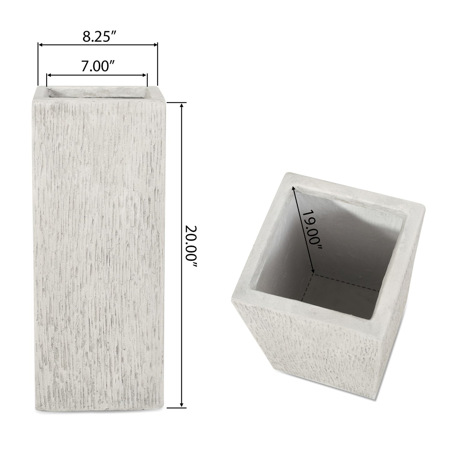 The Modern Outdoor Planter is a rectangular, textured white vase displayed from side and top angles; it measures 20"H x 8.25"W x 7"D, with a 19" internal depth.
