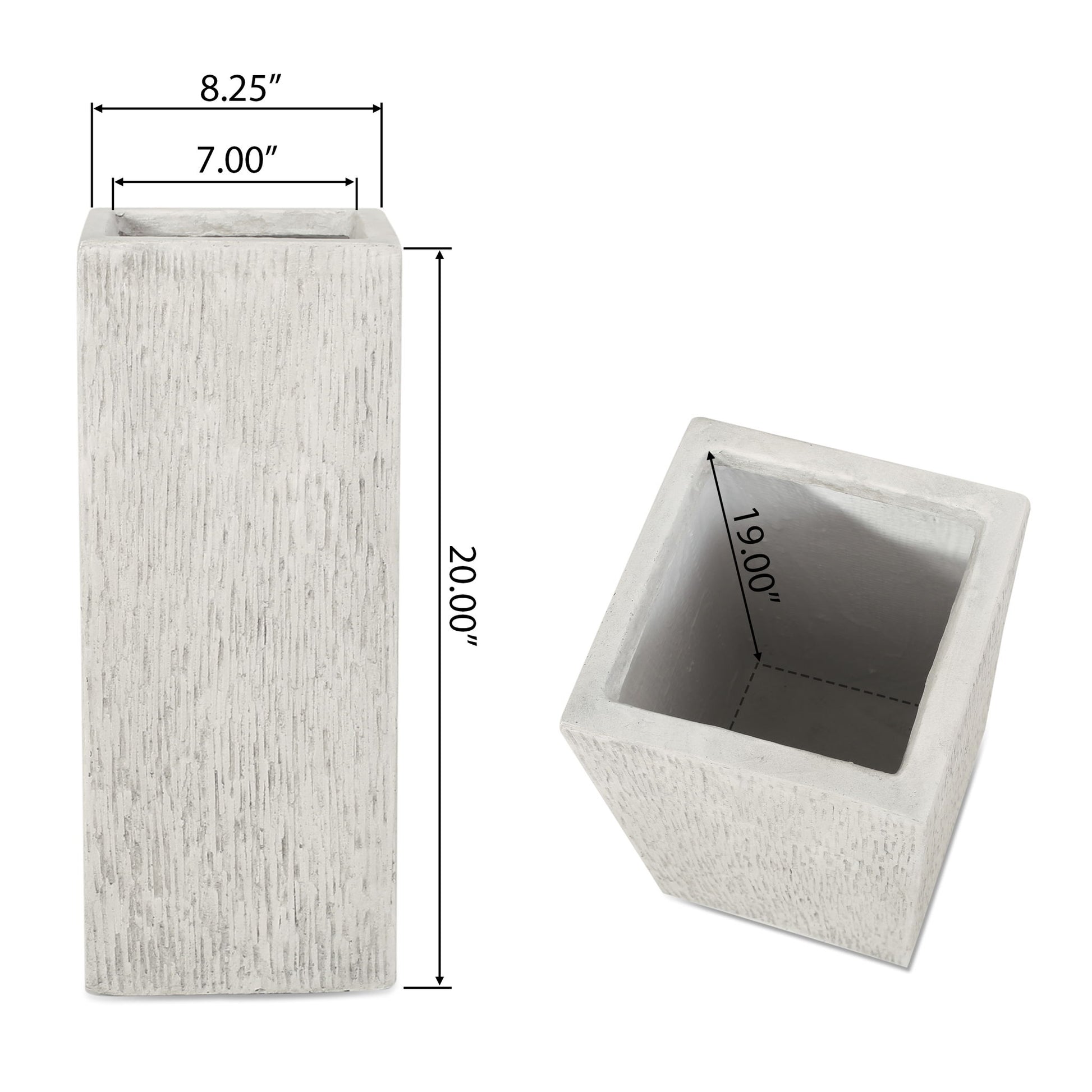 The Modern Outdoor Planter is a rectangular, textured white vase displayed from side and top angles; it measures 20"H x 8.25"W x 7"D, with a 19" internal depth.