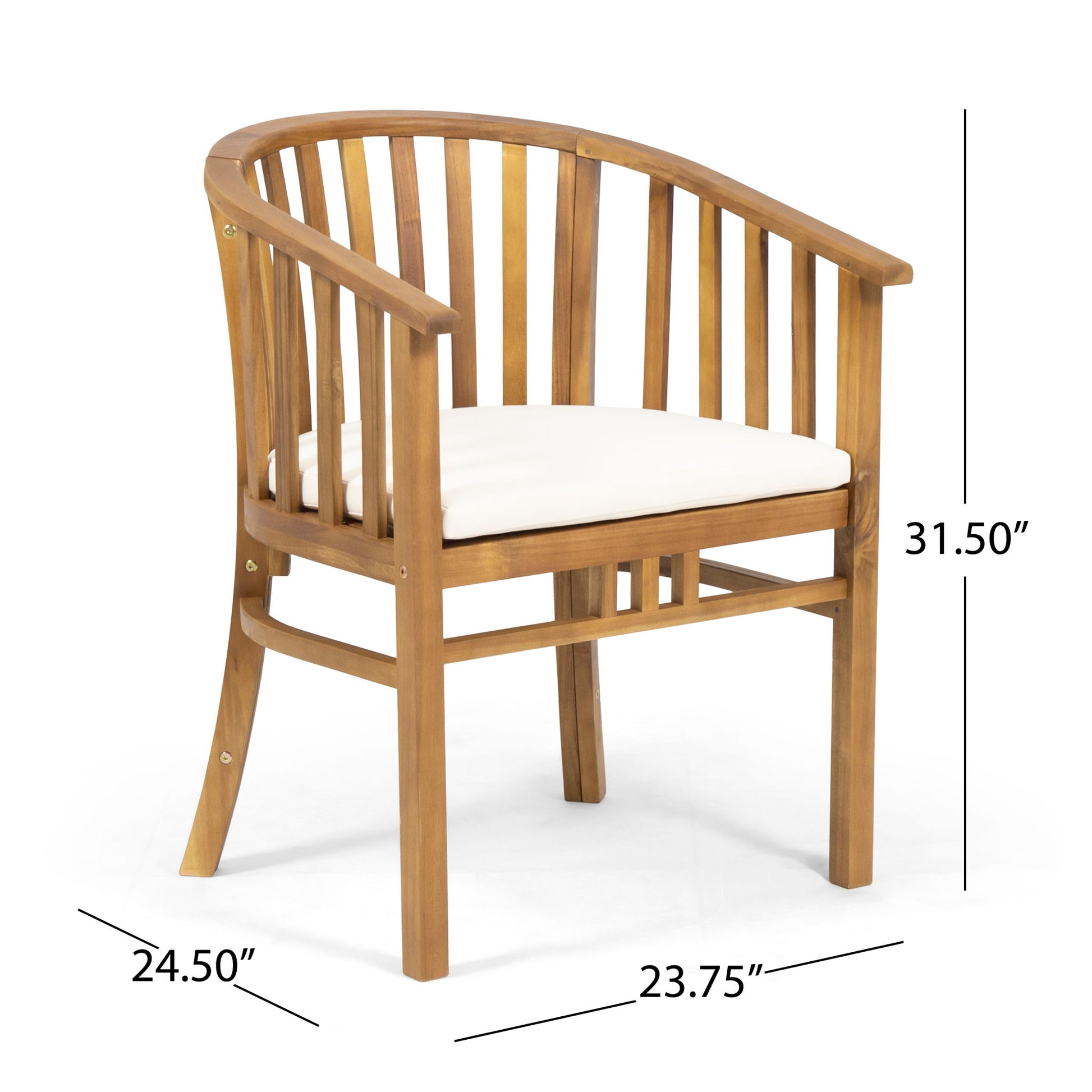 Outdoor Wooden Dining Chairs With Cushions (Set of 2) feature vertical slats, curved backrests, cream cushions, and four legs. Each chair measures 31.5" high, 24.5" deep, and 23.75" wide.