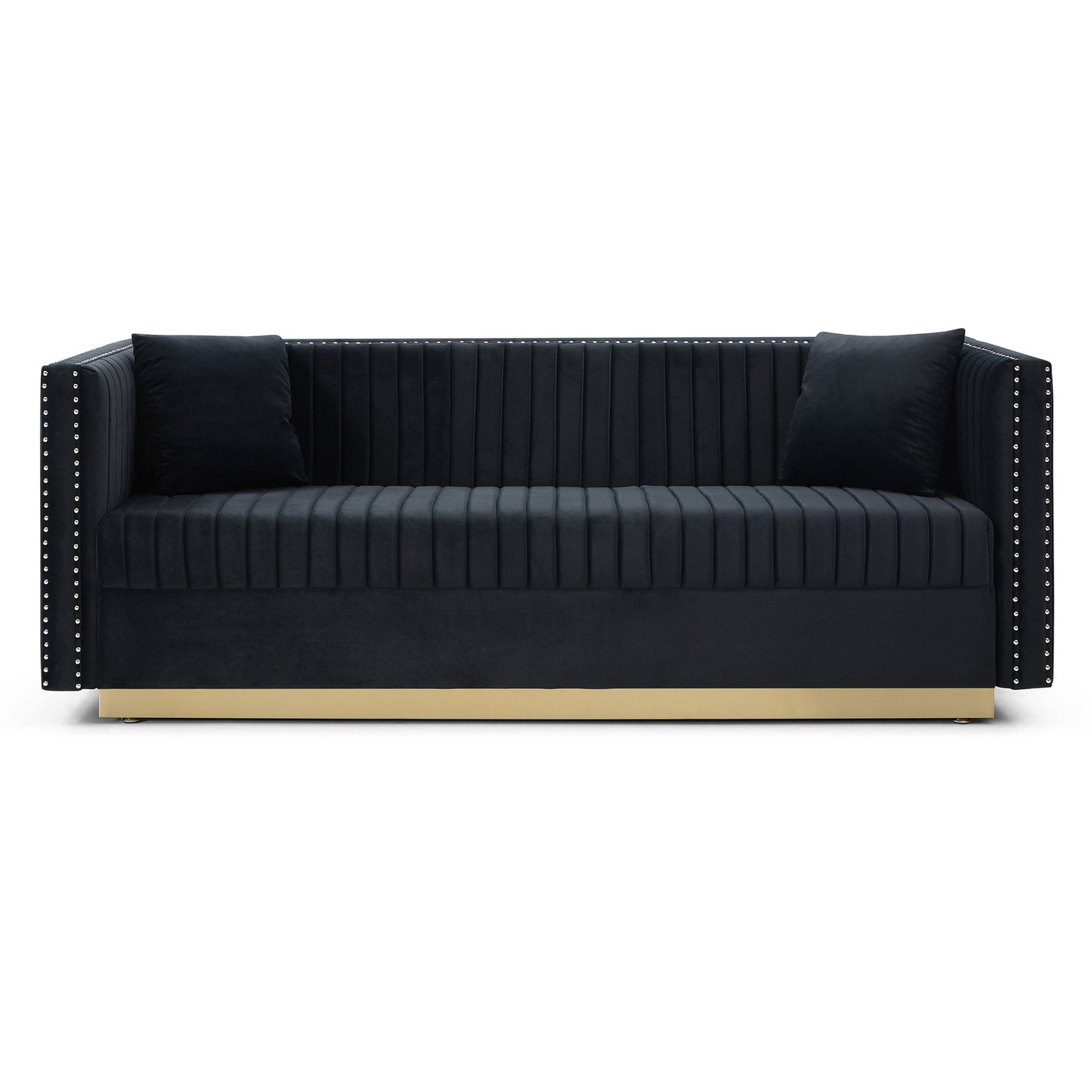 The Contemporary Vertical Channel Tufted Sofa is a modern upholstered black velvet couch featuring vertical stitching, two matching pillows, studded armrest detailing, and a gold base—perfect for your living room.