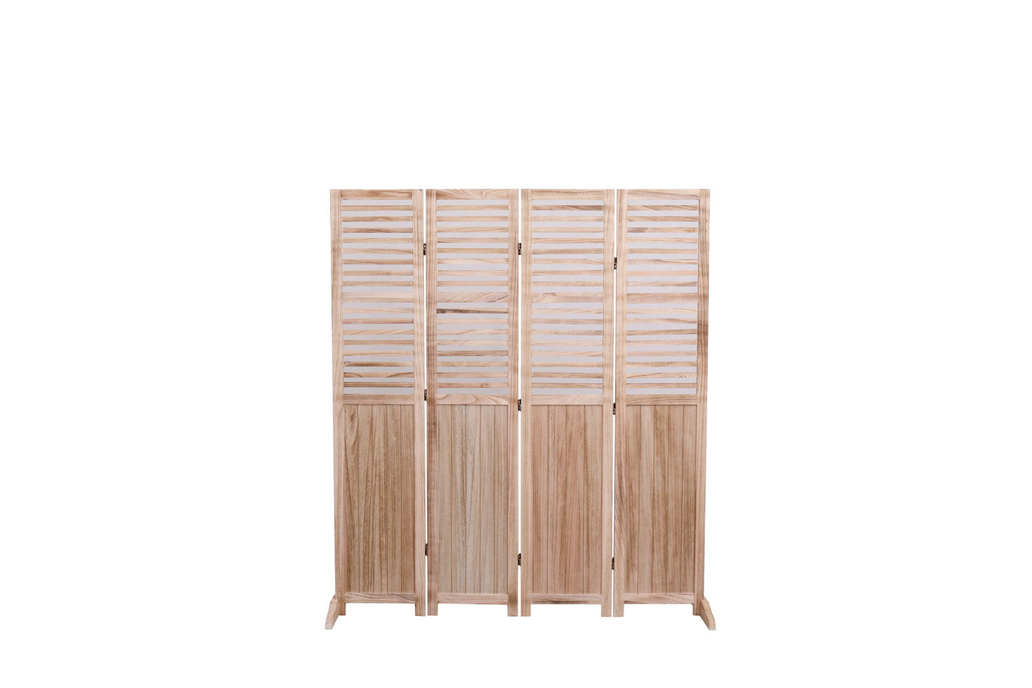 The Expertly Designed Panel Folding Room Divider features four wooden panels with slatted tops and solid lower sections, shown standing upright against a white background.