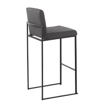The Fuji - Contemporary High Back Barstool features a sleek black metal frame, rectangular footrest, and padded dark gray fabric seat and backrest, offering elegant, minimalist style for modern spaces.