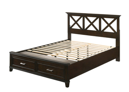 The X Ample Storage Bed is a dark wooden frame with an X-pattern headboard and two pull-out drawers at the foot. Shown without a mattress.