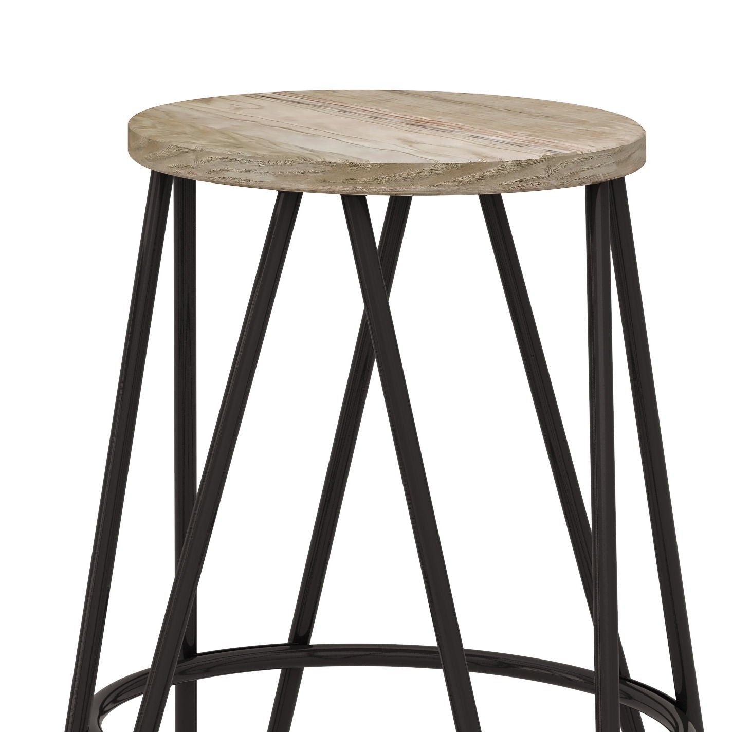 The Simeon Multifunctional Metal Stool features a round, natural wood seat paired with black geometric crisscross metal legs and circular supports near the base for added stability.