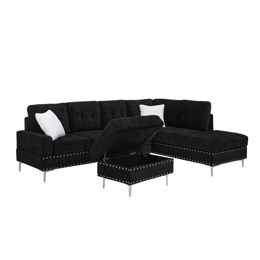 L-Shaped Sectional Sofa With Chaise And Storage Ottoman, Includes 2 Pillows