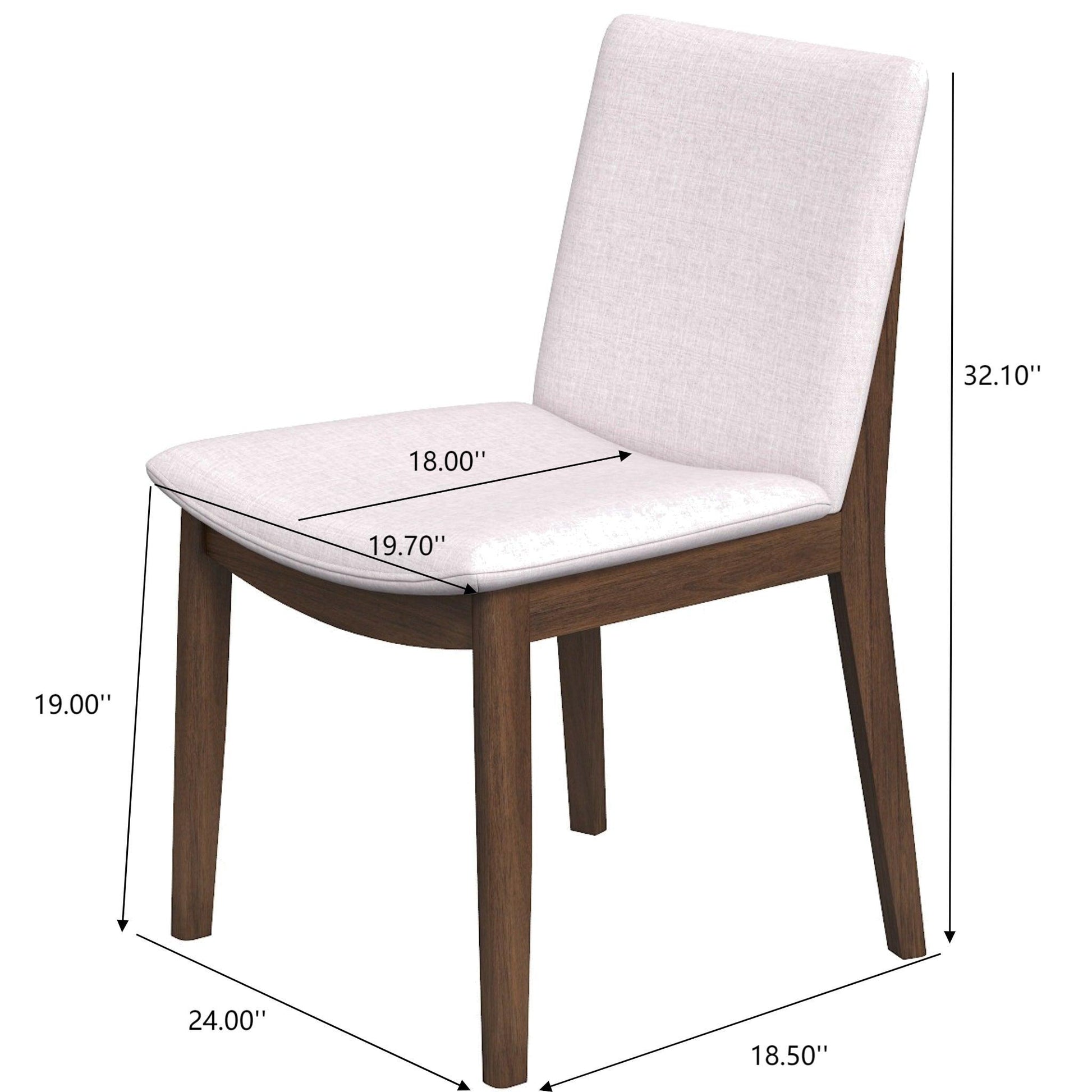 The Laura Mid-Century Modern Solid Wood Dining Chair (Set of 2) features a light upholstered seat and back, wooden frame, and dimensions: height 32.10", seat height 19", seat depth 18", width 18.50", overall depth 24".