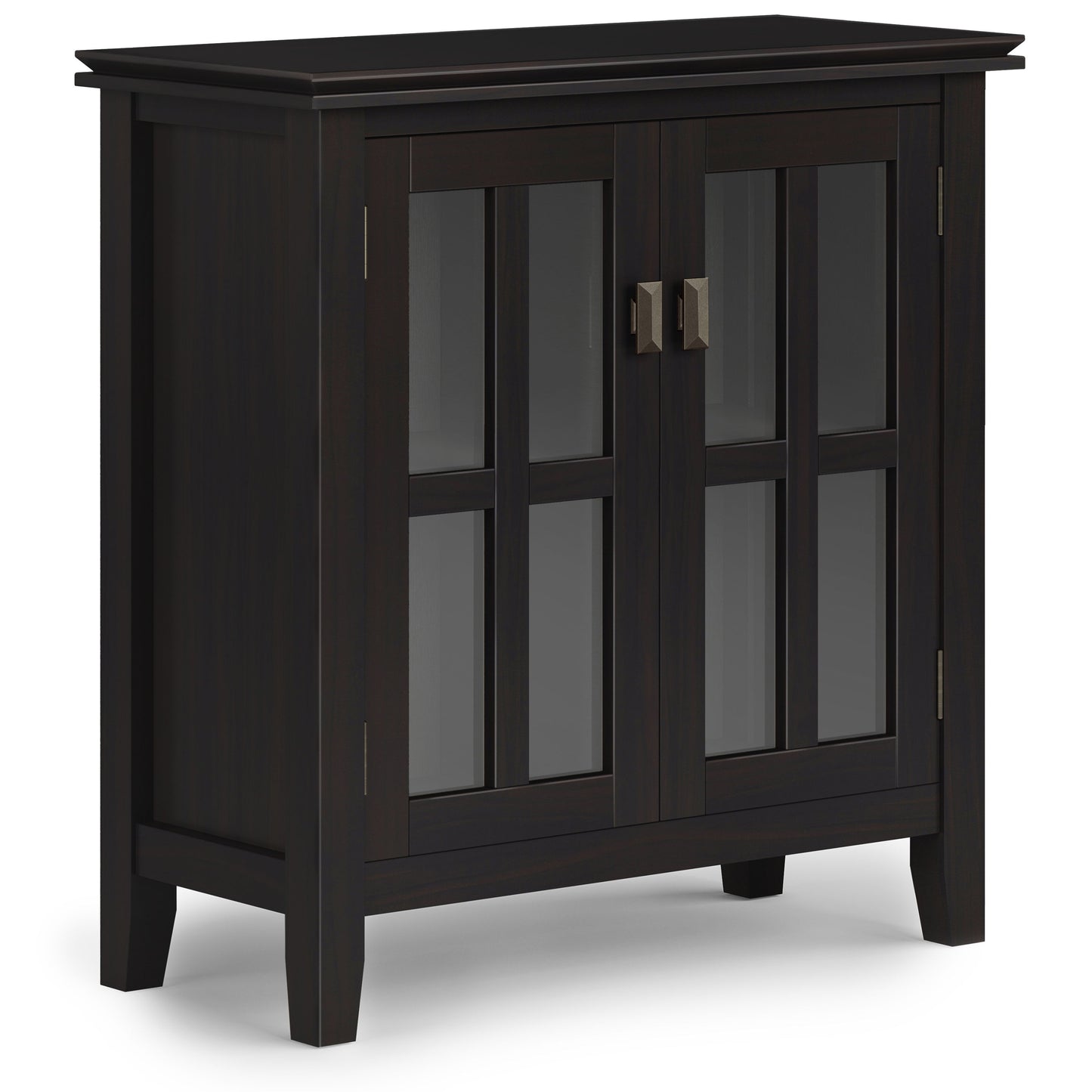 The Couch.com Artisan Low Storage Cabinet in Hickory Brown features wood construction, a dark brown finish, glass-paneled double doors with metal handles, four short legs, and a simple modern design.