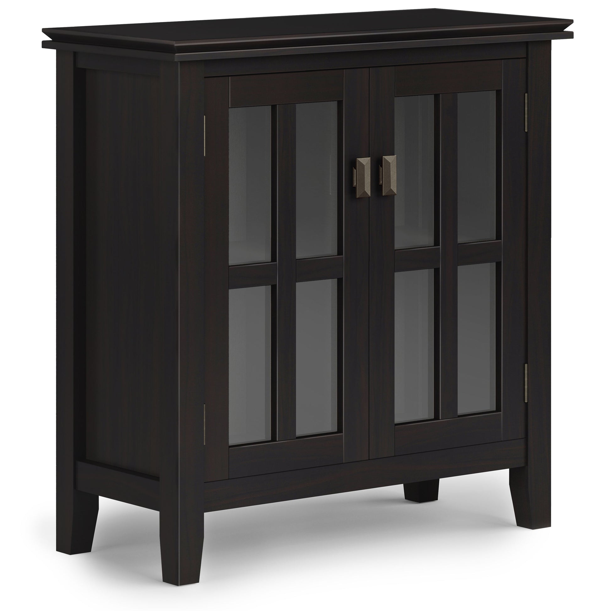The Couch.com Artisan Low Storage Cabinet in Hickory Brown features wood construction, a dark brown finish, glass-paneled double doors with metal handles, four short legs, and a simple modern design.