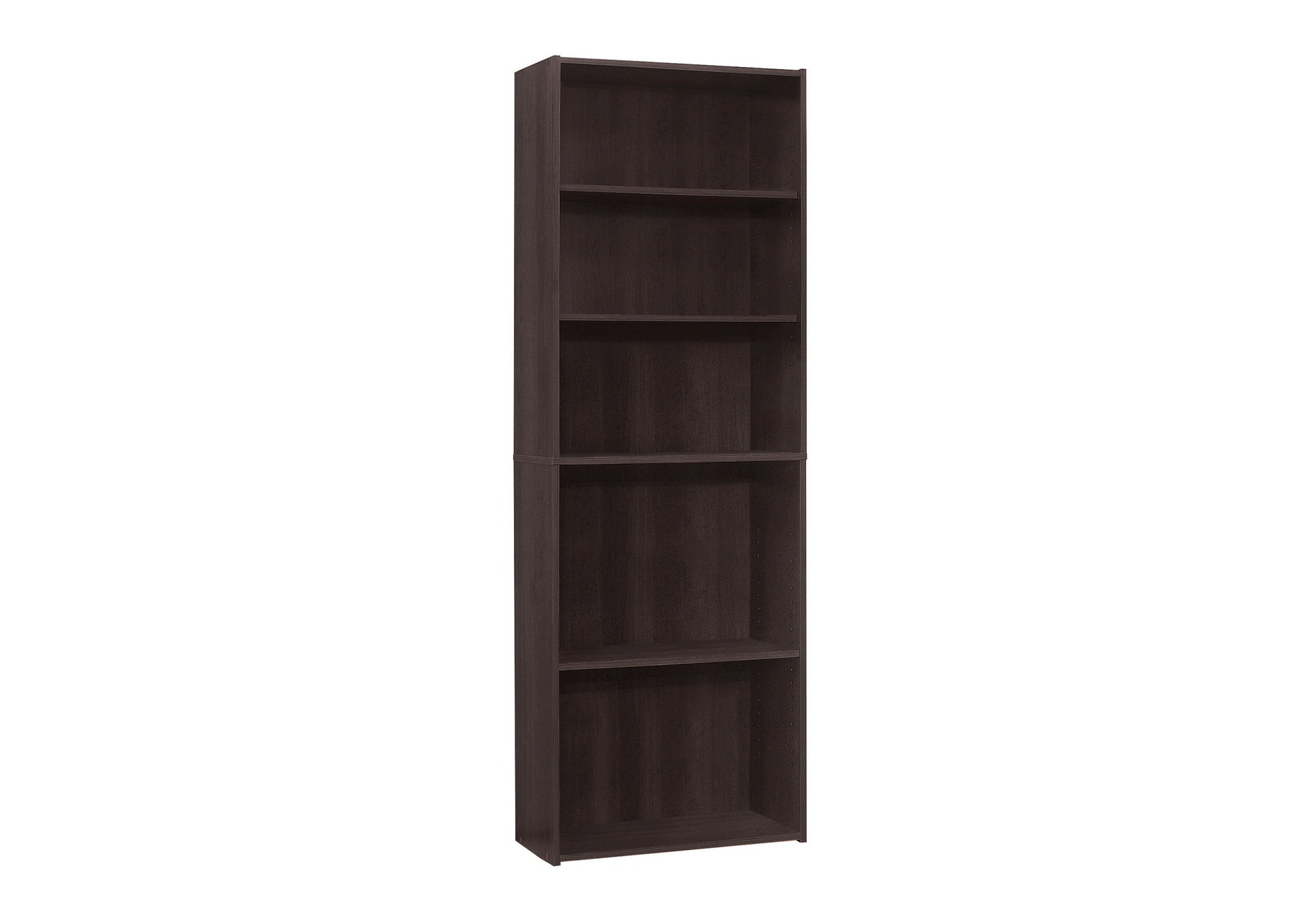 The Bookshelf Bookcase is a tall, 6-tier unit with a dark brown finish and modern transitional design, perfect for office spaces. It stands empty on a white background, offering sleek storage with clean lines.