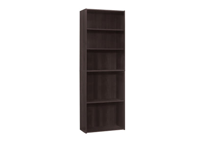 The Bookshelf Bookcase is a tall, 6-tier unit with a dark brown finish and modern transitional design, perfect for office spaces. It stands empty on a white background, offering sleek storage with clean lines.