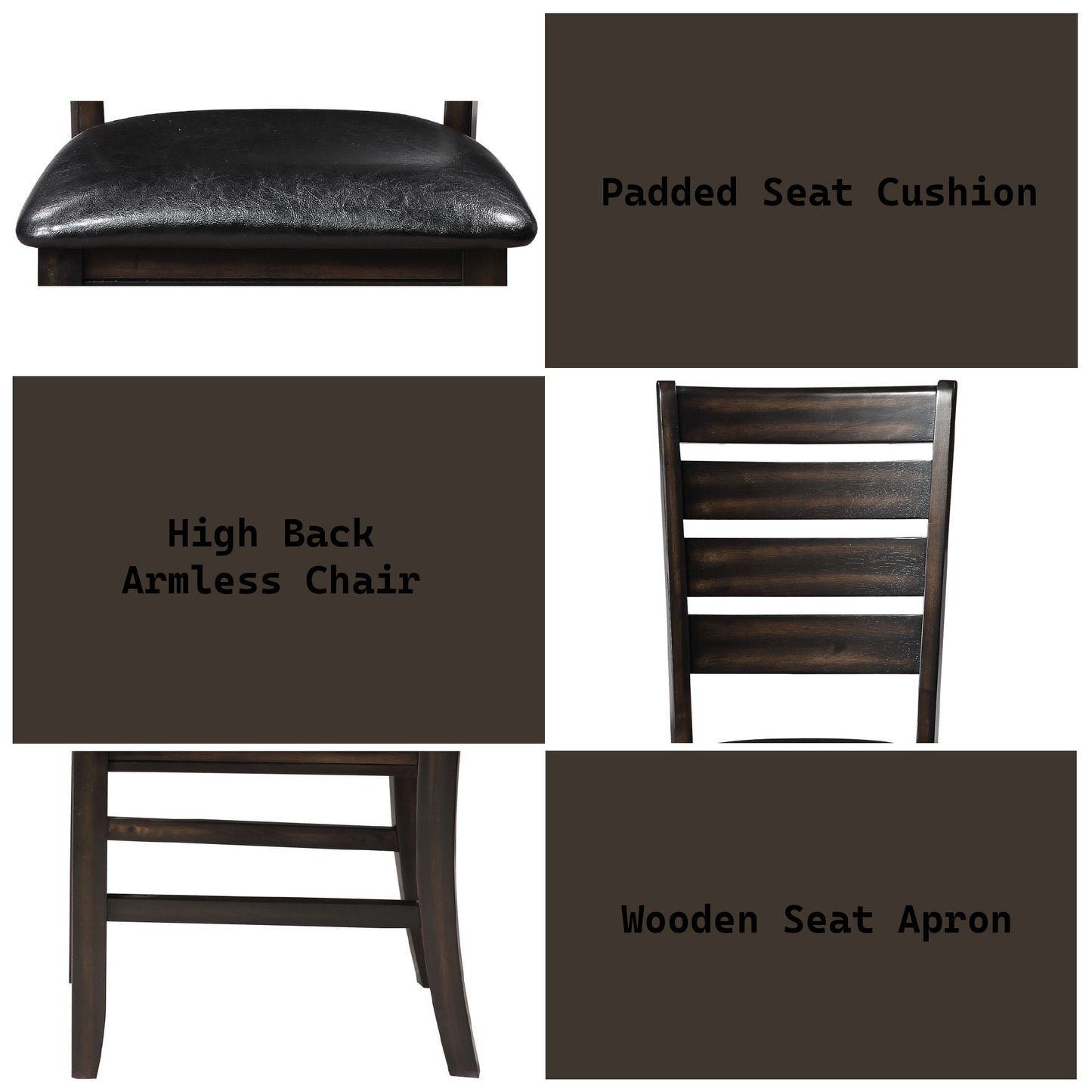 Collage featuring the Urbana - Synthetic Leather Side Chair (Set of 2) with a dark wood frame, padded black synthetic leather seat, high ladder-style back, armless design, and wooden apron. Text highlights: “Padded Seat Cushion,” “High Back Armless Chair,” “Wooden Seat Apron.”.