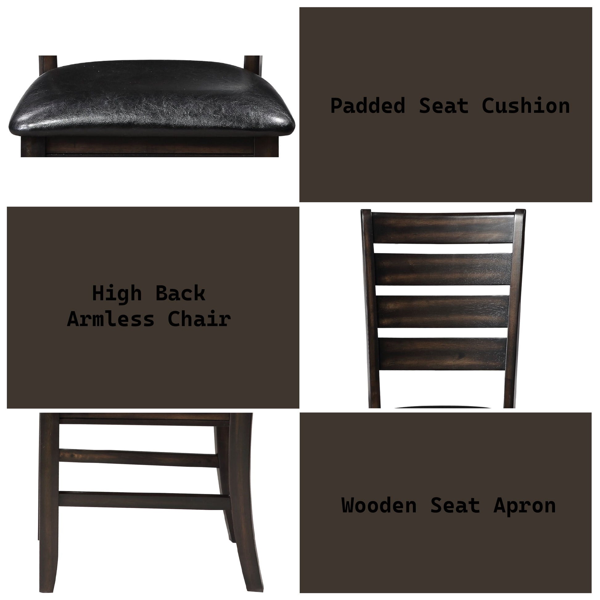 Collage featuring the Urbana - Synthetic Leather Side Chair (Set of 2) with a dark wood frame, padded black synthetic leather seat, high ladder-style back, armless design, and wooden apron. Text highlights: “Padded Seat Cushion,” “High Back Armless Chair,” “Wooden Seat Apron.”.