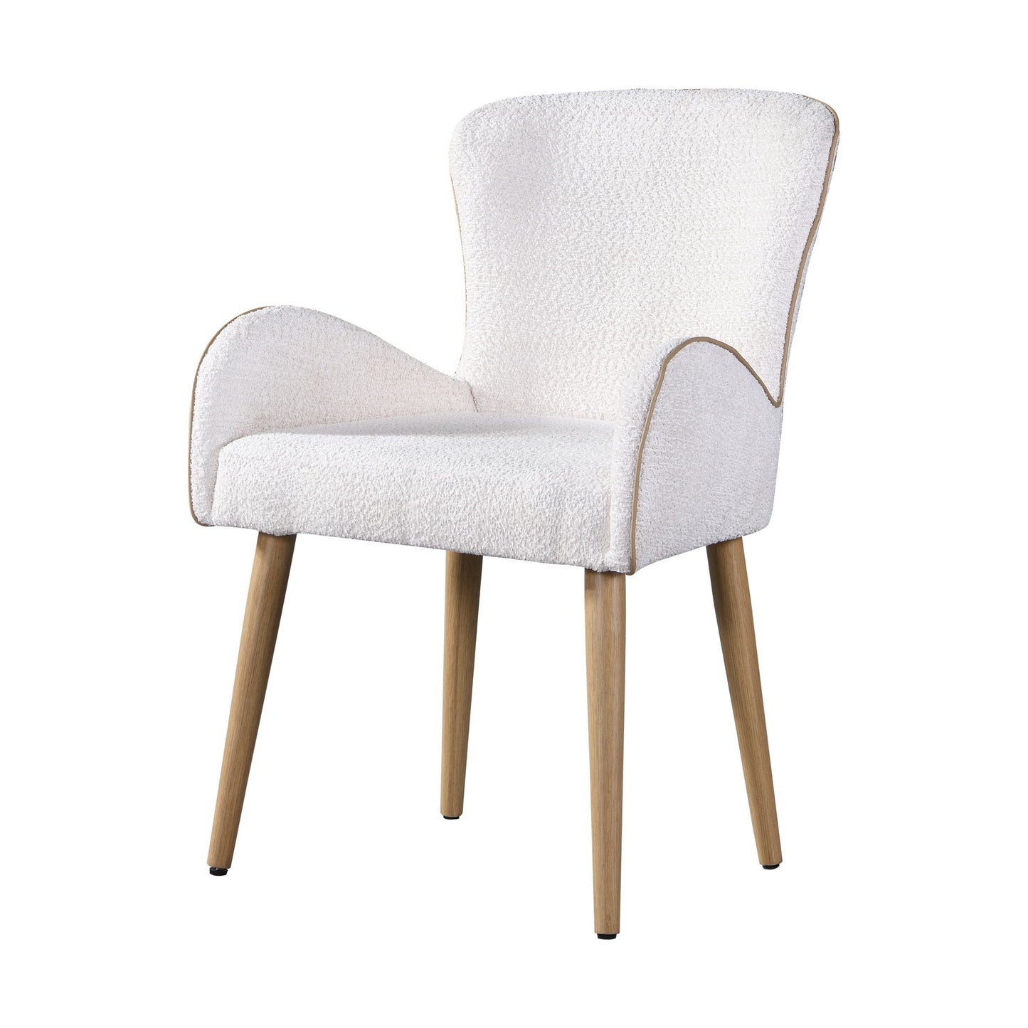 The Qwin Boucle Side Chair (Set of 2) in beige features light wood legs and a white, textured fabric upholstered seat and backrest with smoothly curved armrests that blend into the seat and back.