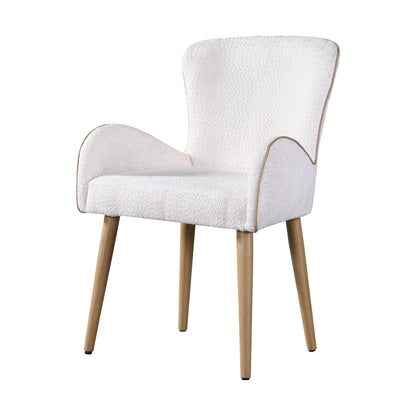 The Qwin Boucle Side Chair (Set of 2) in beige features light wood legs and a white, textured fabric upholstered seat and backrest with smoothly curved armrests that blend into the seat and back.